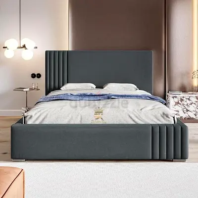 Modern Grey Upholstered Bed with Unique Headboard