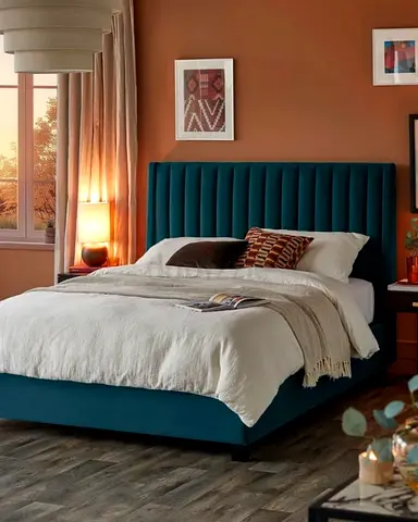 Elegant Blue Velvet Bed with Modern Design