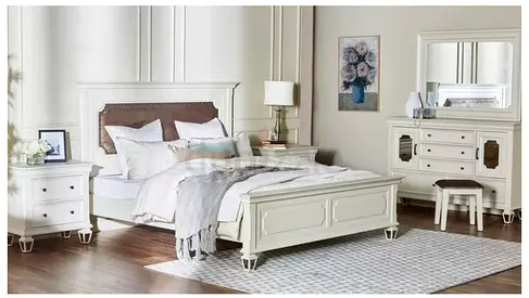Elegant White Bedroom Set with Bed, Dressers, and Nightstands from home center used for 4 years