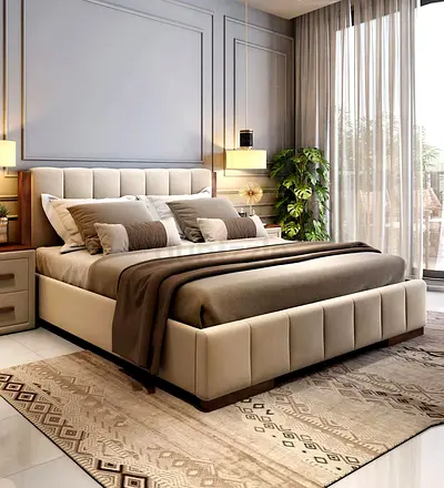 *Luxe Beige Headboard  Bed – Elegant Modern Platform with Under‑Bed Drawers