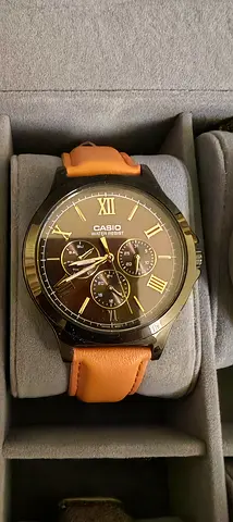 Stylish Casio Mens Watch with Brown Leather Strap