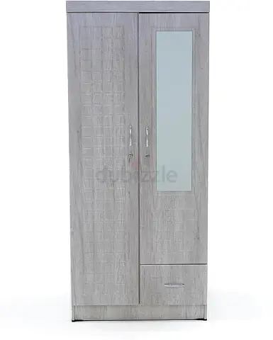 2 Door Wooden Wardrobe With Mirror with One Lockable Drawer (With assembly, Maple)