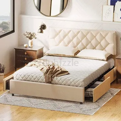 Luxe Beige Tufted Headboard Storage Bed – Elegant Modern Platform with Under‑Bed Drawers