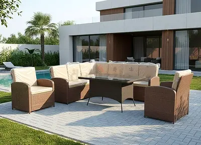 8 seater Dark Brown P.E Rattan Corner Outdoor with Big Table