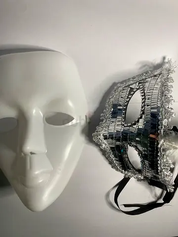 Two-Piece Mask Set - White Full Face  Silver Sequin Masquerade