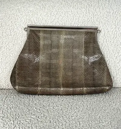 Luxury Grey Snakeskin Textured Frame Clutch – Elegant Evening Handbag