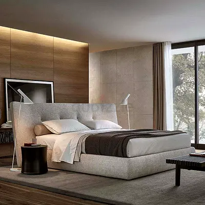 *“Modern Light‑Gray Upholstered Platform Bed with Winged Headboard”*.
