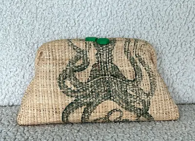Artisanal Woven Straw Clutch – Unique Octopus Print Beach Bag