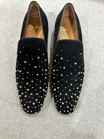 Christian louboutins milkylion black suede Gold spike loafers