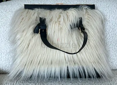 Stylish White Shaggy Faux Fur Tote Bag – Black Leather Handles