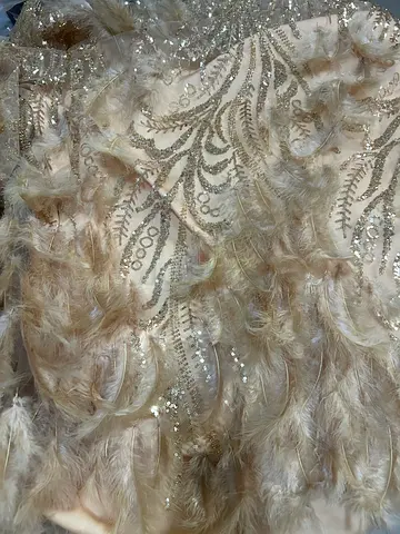 Elegant Beige Feathered Evening Dress