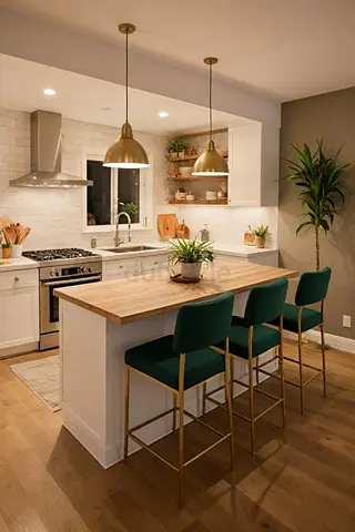 Stylish Kitchen Island with Modern Bar Stools