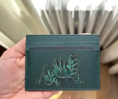 Handcrafted Green Leather Card Holder with Succulent Design