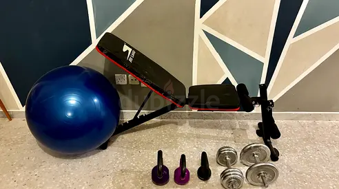 Home Gym Equipment Set: Adjustable Bench, Dumbbells, and Exercise Ball