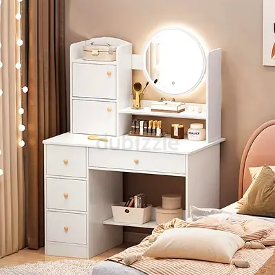 Chic White Vanity Table with Round Mirror