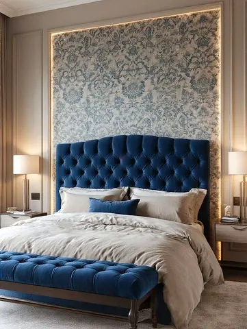 Elegant Blue Upholstered Bed with Stylish Headboard