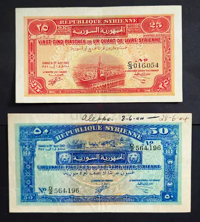 Syria,  Set Of Two Vintage And Rare Banknotes, 25 Piastres / 50 Piastres,  1942