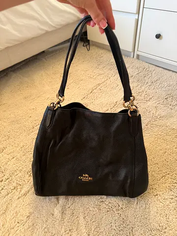 COACH HALLIE BLACK/Gold GENUINE Pebbled LEATHER SHOULDER BAG