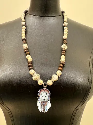 Unique Handmade Beaded Necklace with Wolf  Pendant