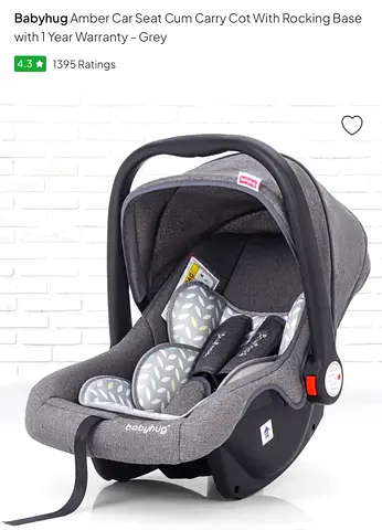 Babyhug Amber Car Seat Cum Carry Cot with Rocking Base - Grey