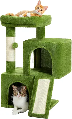 Green，Cat Tree, 77 CM Cat Tower with Dual Condos for Indoor Cats, Plush Cat House with Padded Perch,