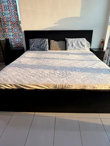 Ikea Malm King size bed with storage, mattress and 2 side tables