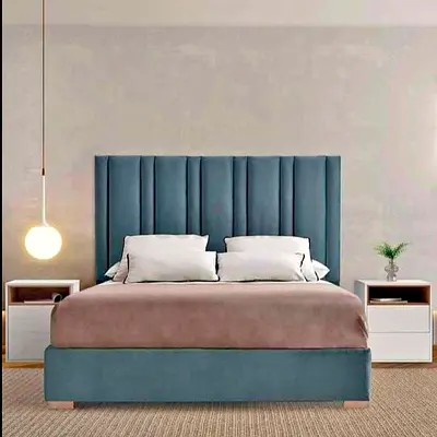 Elegant Blue Upholstered Bed with Nightstands