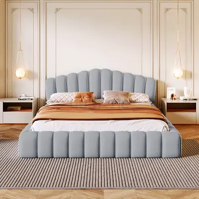 Elegant Grey Velvet king Bed with Modern Design