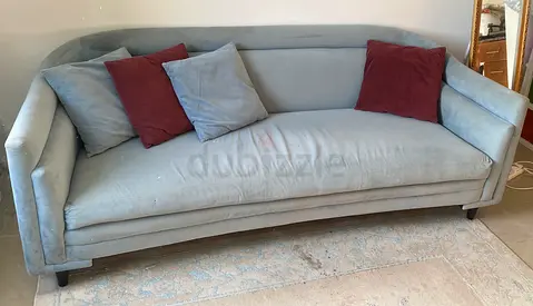 Elegant Curved Sofa in Soft Blue with Accent Cushions