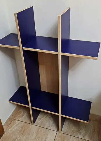 Premium Geometric Wall Shelf - Navy Blue  Oak - Designer Style