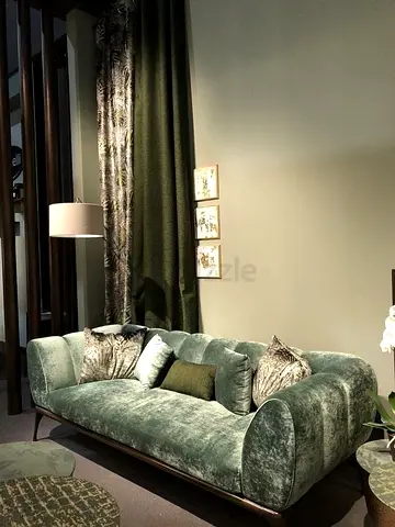 Elegant Green Velvet Sofa with Decorative Cushions