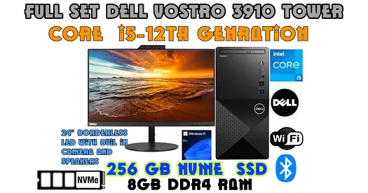 12TH GENRATION FULLSET DELL VOSTRO 3910-COE i5-8GB DDR4 RAM-256GB NVME SSD-24” LENOVO BORDELES LED