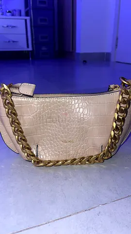 CELESTE Beige Croc-Embossed Shoulder Bag with Gold Chain