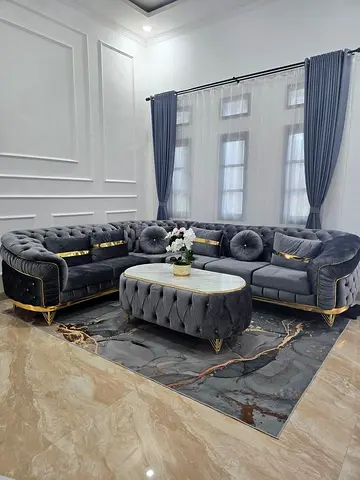 Luxurious Grey Velvet Sofa Set with Marble Coffee Table