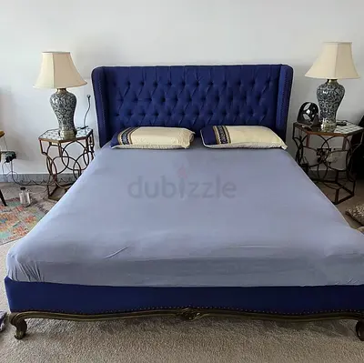 Elegant Queen Blue Upholstered Bed with Luxurious Headboard + Free mattress.