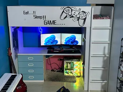 Stylish Gaming Study Desk with bed on top. Bought new from IKEA for AED 2000.