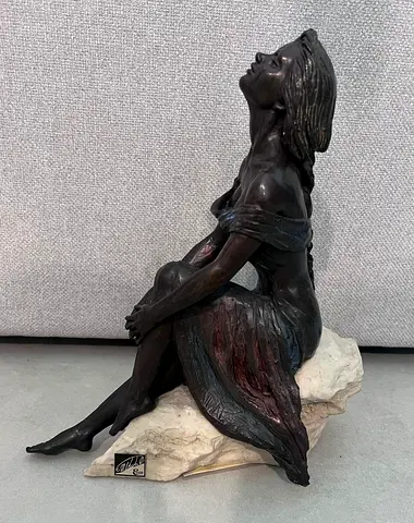 Spain: Lady Ebano Bronze Statue By Vidal on Sandstone Quartz-signed
