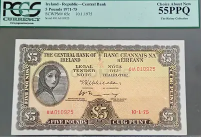 Ireland 5 Pounds Banknote,  1975 / AUNC