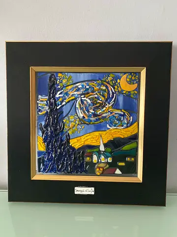 Artwork handmade glass of starry night by Van Gogh made in Italy by Murano glass 32cmx32cm