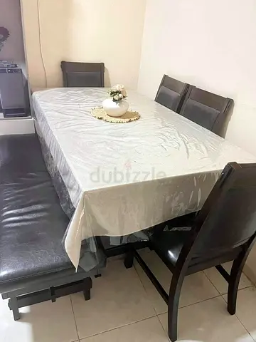 Wooden Dining Table with chairs and bench
