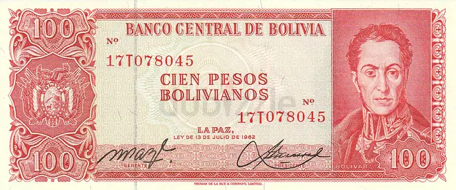 BOLIVIA 100 BOLIVIANOS BANKNOTE 1962