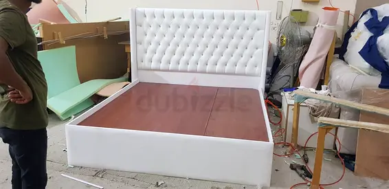 Elegant White Leather Bed Frame with Wooden Base