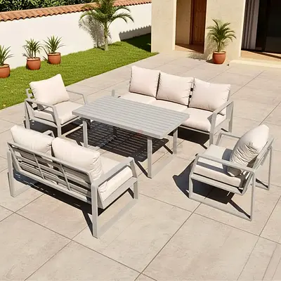 7 Seater Outdoor Garden Sofa in Aluminum Frame Plush Sponge Cushions – Khaki