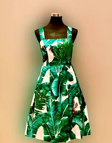 Dolce  Gabbana Green  White Palm Leaf Print Silk Embellished Sleeveless Dress