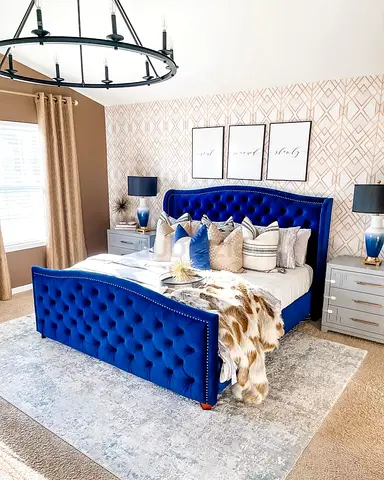 Elegant Blue Velvet king Bed with Plush Decor