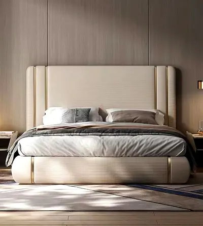 Elegant Modern Queen Bed with Stylish Headboard With Gold Straps