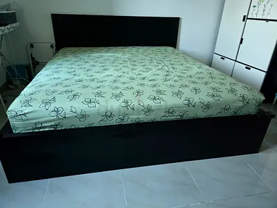 Ikea Malm Sturdy and Stylish Black King Size Bed , Hovag Spring Mattress and 2 bed storage boxes.