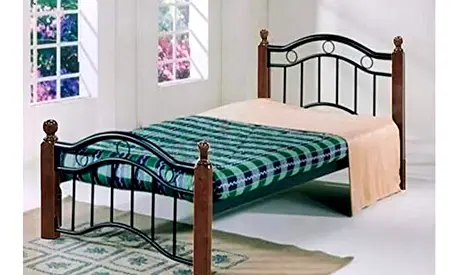 Sturdy Brown Metal Bed Frame with Comfortable Mattress Heavy Duty Wooden Steel Bed