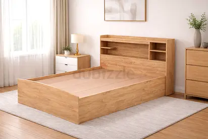 Modern Single Bed with Storage Headboard – Light Oak Wooden Bed Frame for Bedrooms