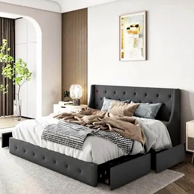 New Elegant Grey Upholstered Queen Bed with 4 Drawers Storage